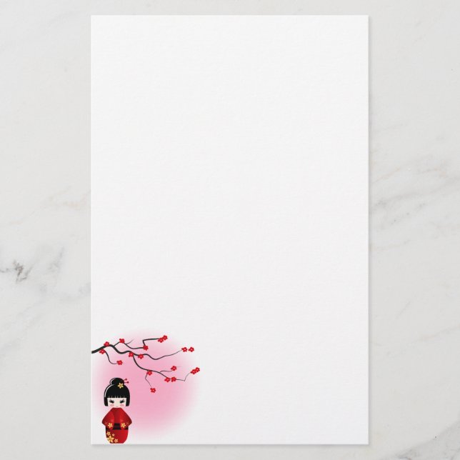 Papelaria Boneca kokeshi japonesa em sakura floresce (Frente)