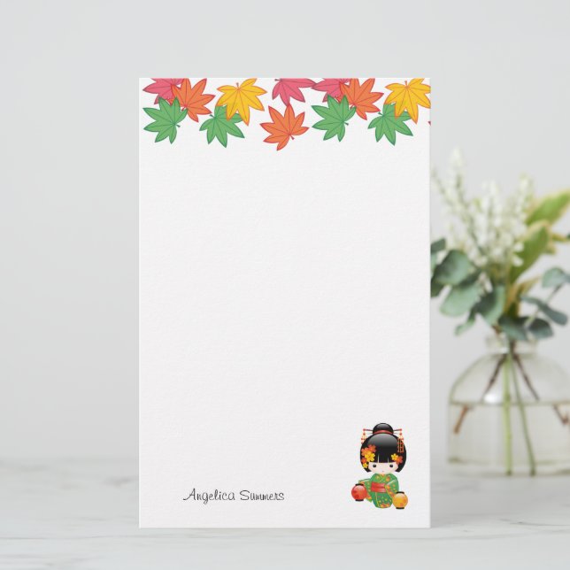 Papelaria Boneca Kokeshi verde Kimono Geisha (Em pé/Frente)