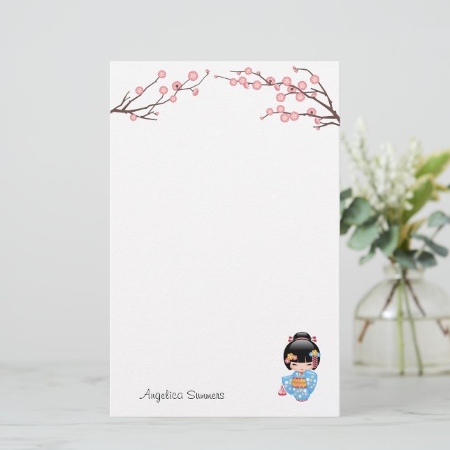 Papelaria Boneca Maiko Kokeshi - Rapariga Kimono Geisha Azul (Em pé/Frente)