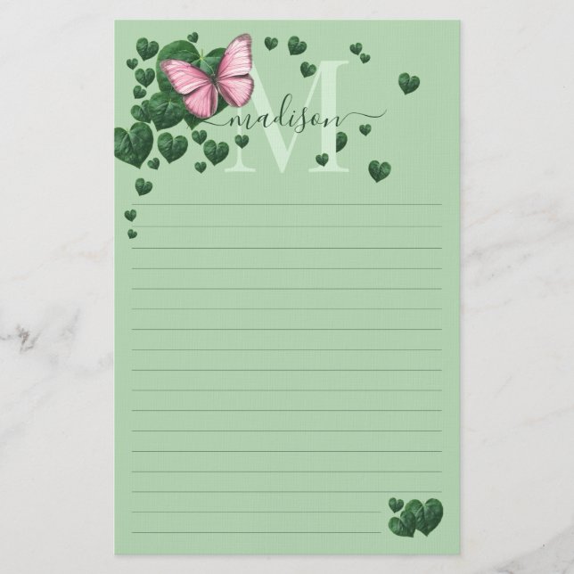 Papelaria Borboleta Rosa Personalizada com Folhas em Coração (Frente)