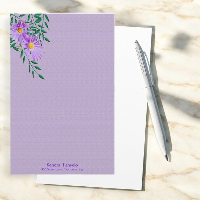 Papelaria Borda de Foto de Flor Selvagem Roxo bonito Persona (stationery front floral corner purple texture background and white back)