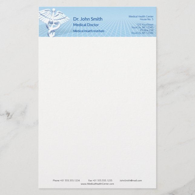 Papelaria Branco Médico Caduceu 3D Design Azul (Frente)