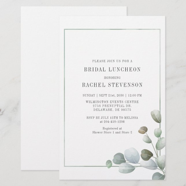 Papelaria Bridal Luncheon Watercolor Eucalyptus Greenery (Frente/Verso)