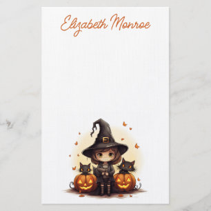 Papelaria Bruxa Bonita com Gatos Pretos e Abóboras no Hallow