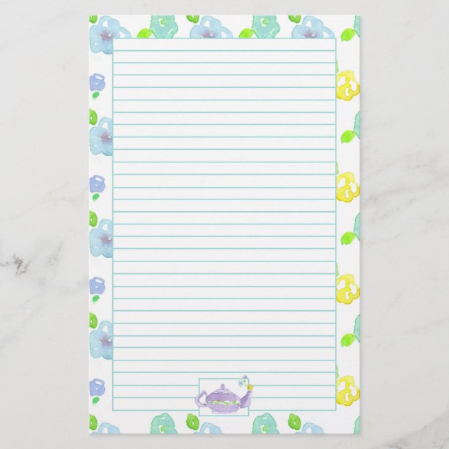 Papelaria Bule de Chá de Aguarela Roxo Com Linhas (Frente)