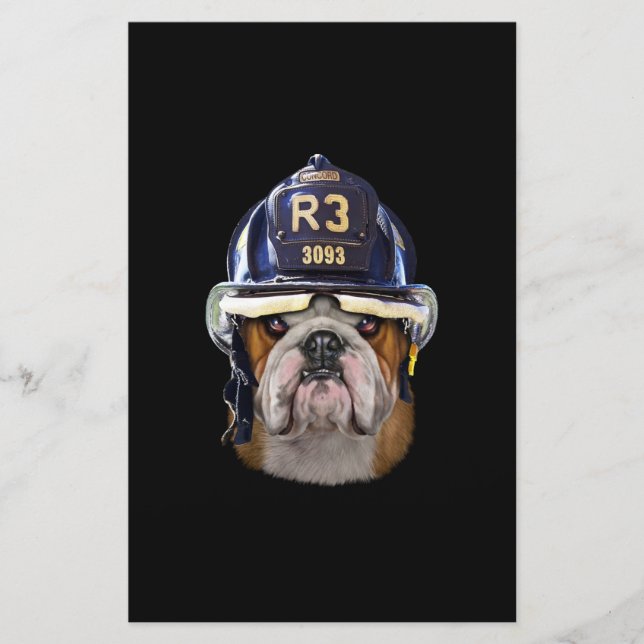 Papelaria Bulldog Inglês Grumpy Vestindo Helmet para Bombeir (Frente)