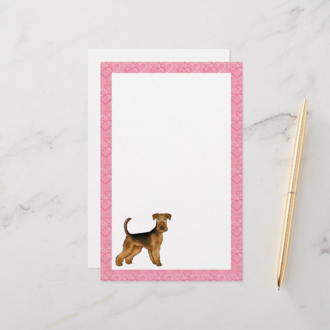 Papelaria Cachorro Airedale Bingley Terrier Com Corações Ros (Frente/Verso In Situ)