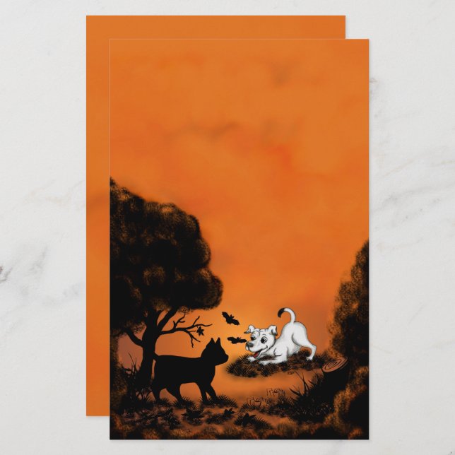 Papelaria Cachorro com Gato Negro e Bat, Feliz Dia das Bruxa (Frente/Verso)