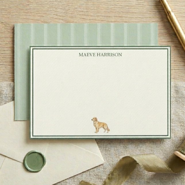 Papelaria Cachorro Labrador com Listra Verde Oliva Elegante (Preppy Sage Green Stripe Golden Retriever Stationery)