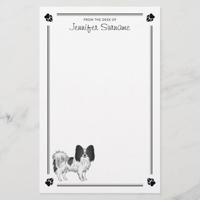Papelaria Cachorro Papillon Preto E Branco Com Patas E Texto (Frente)