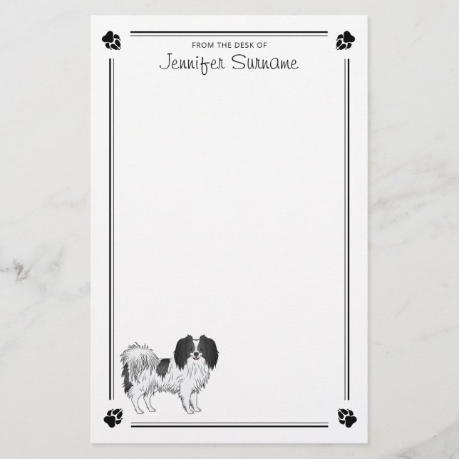 Papelaria Cachorro Phalène Preto e Branco com Patas e Texto (Frente)