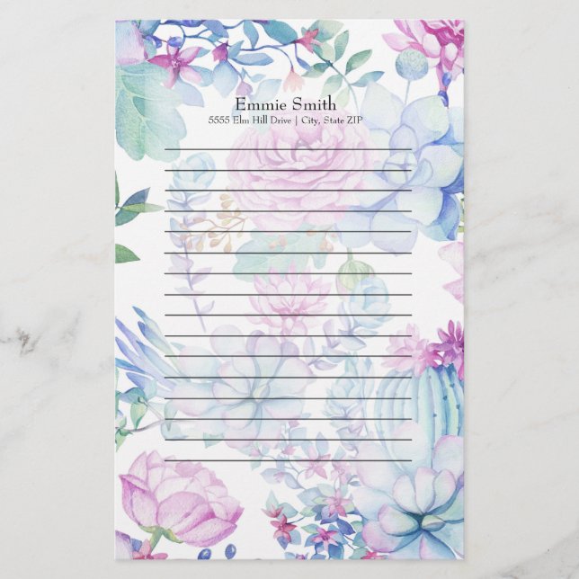Papelaria Cacto azul roxo personalizado e branco floral (Frente)