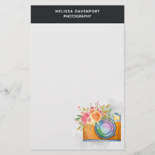 Papelaria Câmera Laranja Boho e Buquê Floral Aquarela