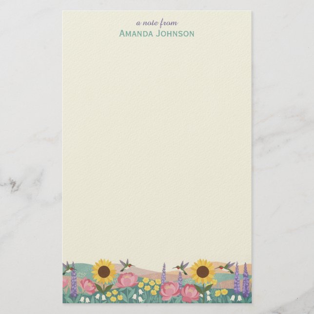Papelaria Campo de Flores de Beija-flor Personalizado Nome (Frente)