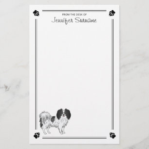 Papelaria Cão Phalène Preto E Branco, Com Palhetas E Texto