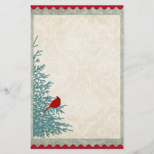Papelaria Cardeal de inverno em árvore vintage damask red go