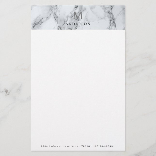 Papelaria carta de monograma de mármore prateado masculino (Frente)