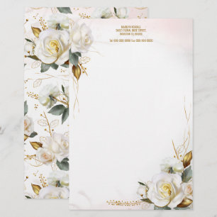 Papelaria Carta Floral Romântica Dourada Rosa Branca