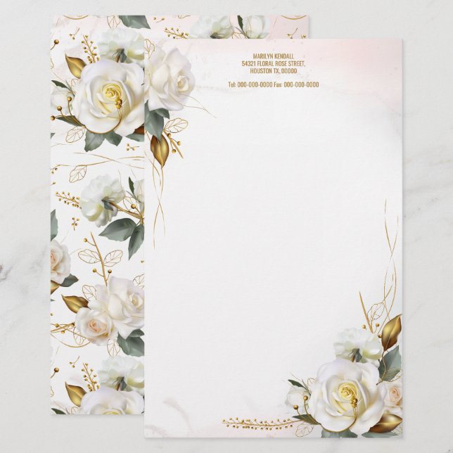 Papelaria Carta Floral Romântica Dourada Rosa Branca (Frente/Verso)
