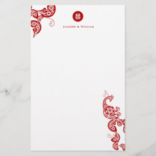Papelaria Casamento Asiático Vermelho Floral Boho Peacock Or