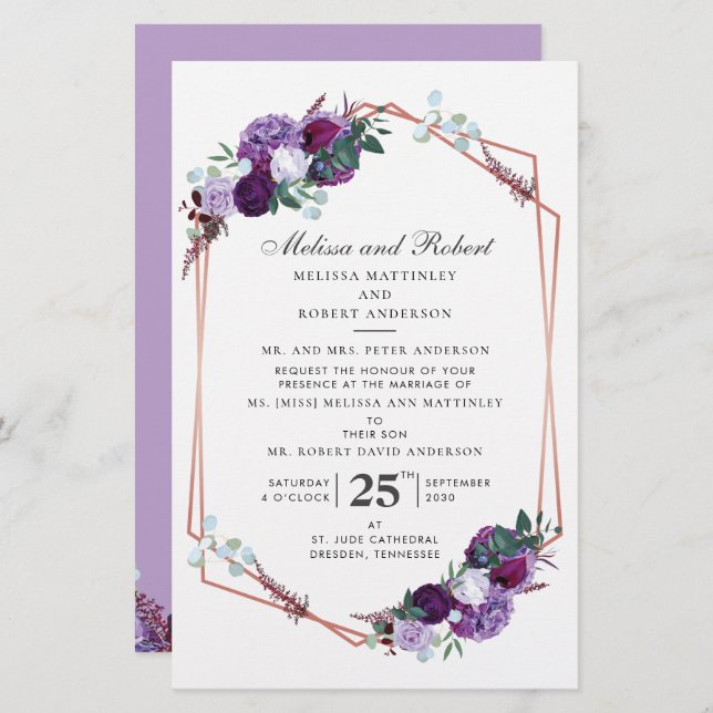 Papelaria Casamento Geométrico Dourado de Rosa Floral Roxo (Frente/Verso)