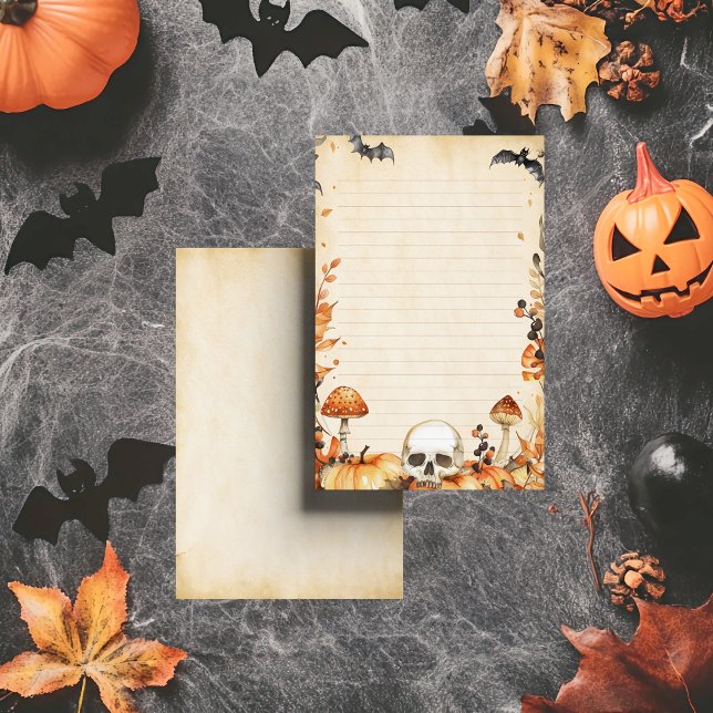Papelaria Caveira Branca e Roupa Rústica de Cogumelo (Aged parchment adorned with bats, pumpkins, and autumn vines—this stationery carries October’s magic)
