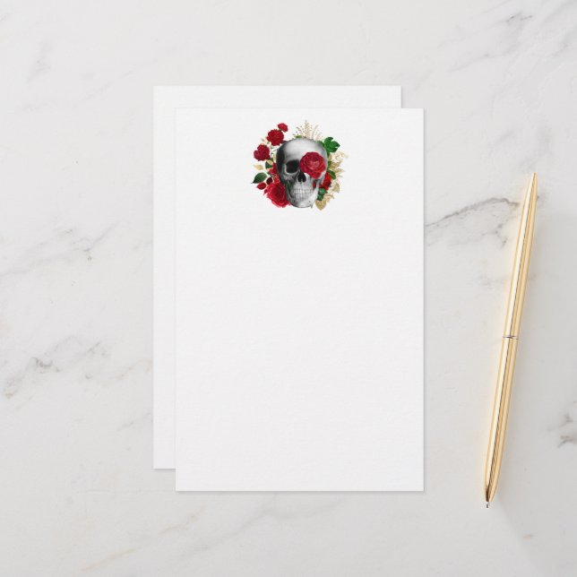 Papelaria Caveira do gótico com Flores Vermelhas e Folhas Do (Frente/Verso In Situ)