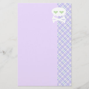 Papelaria Caveira Kawaii com Ossos Cruzados em Xadrez Roxo P