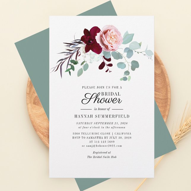 Papelaria Chá de panela Eucalyptus (Pink Floral and Eucalyptus Script Bridal Shower Invitation)