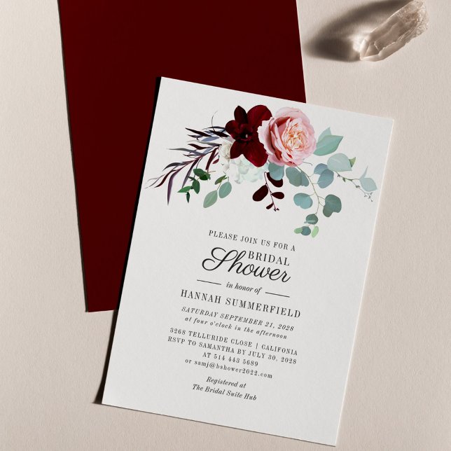 Papelaria Chá de panela Eucalyptus (Burgundy Pink Floral Script Bridal Shower Invitation)