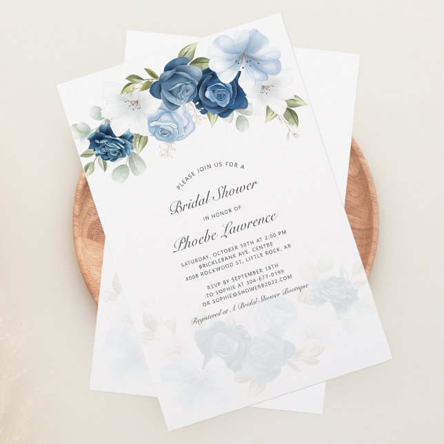 Papelaria Chá de panela Floral Azul Dusty (Elegant Dusty Blue Floral Bridal Shower Invitation Stationery)