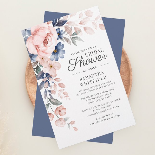 Papelaria Chá de panela Floral Azul Dusty (Blush Pink Floral Script Bridal Shower Invitation Stationery)