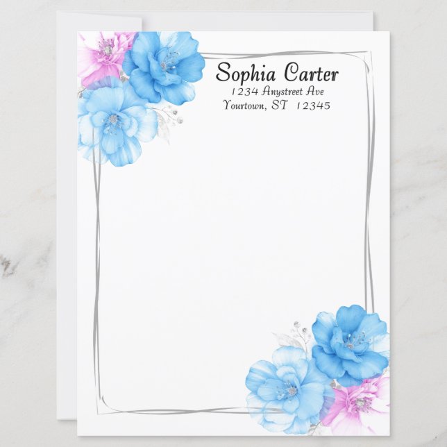 Papelaria Chic Floral Azul e Rosa (Frente)