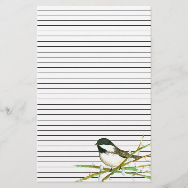 Papelaria Chickadee Bird Catkins Willow Branches Vinculados (Frente)