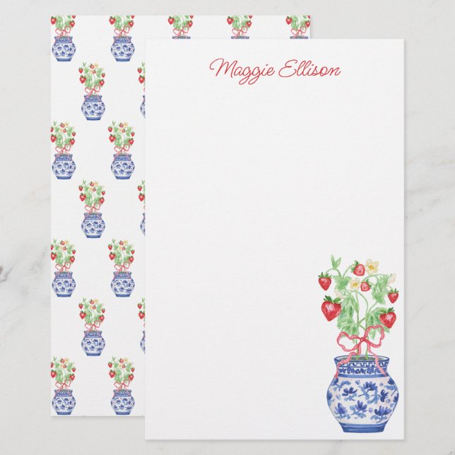 Papelaria Chinoiserie Vase de Morangos Vermelhos (Frente/Verso)