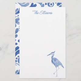 Papelaria Chinoiserie Watercolor Blue Heron Bird Stationery