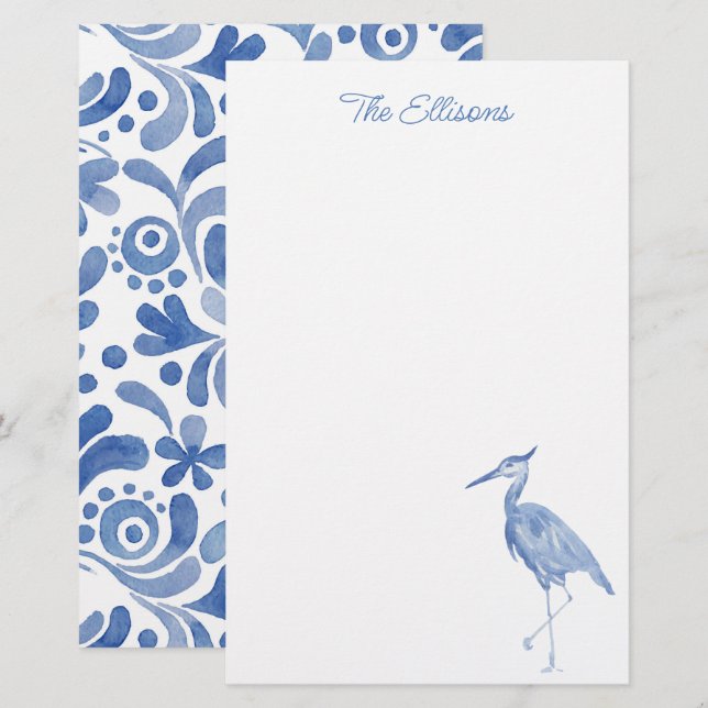 Papelaria Chinoiserie Watercolor Blue Heron Bird Stationery (Frente/Verso)