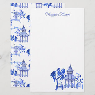 Papelaria Chinoiserie Watercolor Blue Pagoda