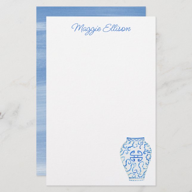 Papelaria Chinoiserie Watercolor Ginger Vase Stationery (Frente/Verso)