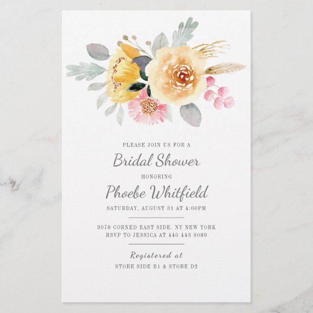 Papelaria Chuva de Noiva Aquarela Floral Moderno Script (Frente)