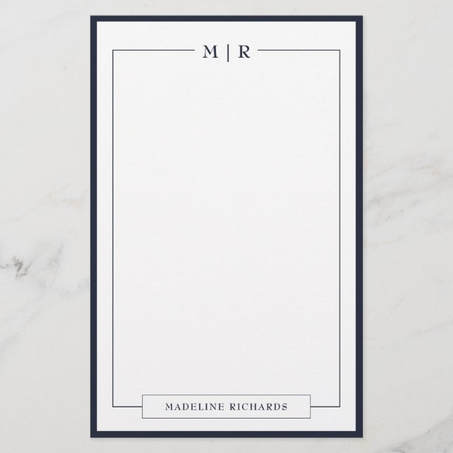 Papelaria Classic Monogram Navy Blue Border Stationery (Frente)