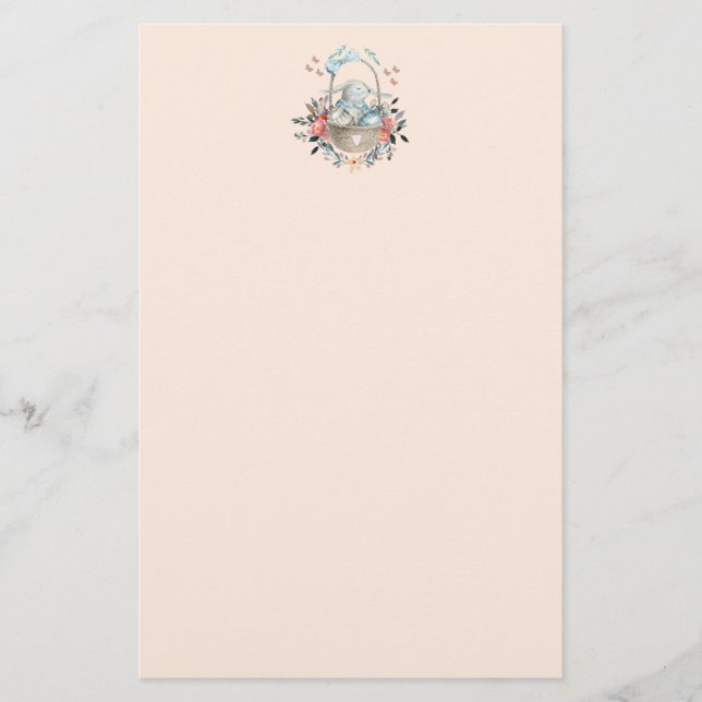 Papelaria Coelhinho bonito em uma cesta com ovos e flores Bo (Frente)