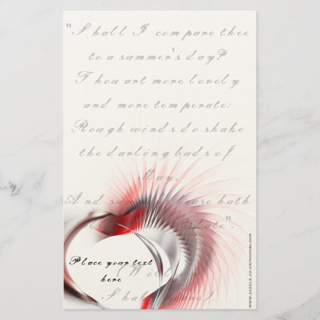 Papelaria Coração Metálico com o soneto de Shakespeare 18 (Frente)