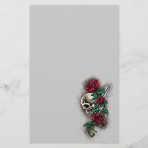 Papelaria Crânio ocidental com rosas vermelhas e pistola do