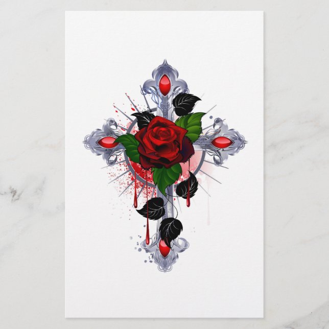 Papelaria Cruz de Prata com uma Rosa Vermelha (Frente)