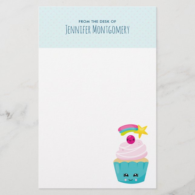 Papelaria Cupcake azul-bonito com a face Kawaii (Frente)