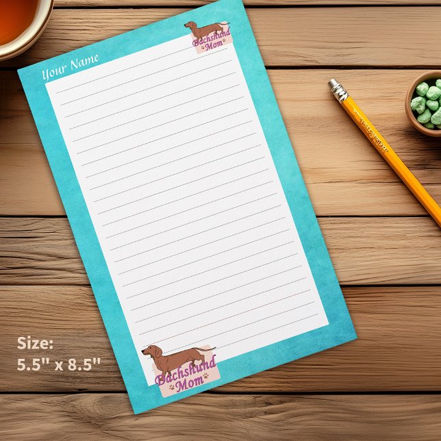 Papelaria Dachshund Seu Nome Mãe Teal Edge Links Stationery (Dachshund Your Name Mom Teal Edge Lined Stationery which can be Personalized)