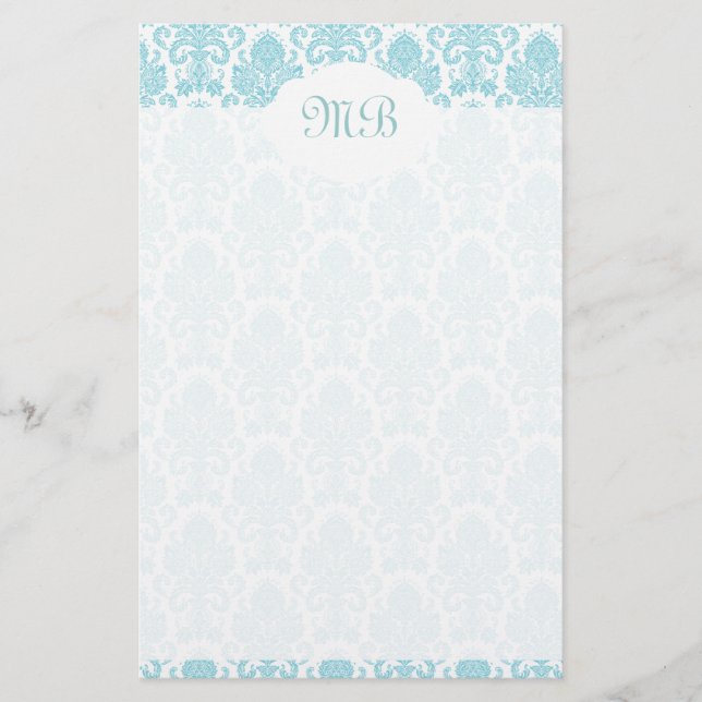 Papelaria Damasco azul Monogrammed (Frente)