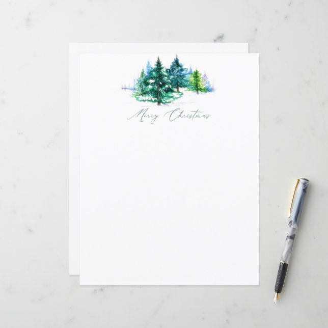 Papelaria de Natal com árvores em aquarela (Frente/Verso In Situ)