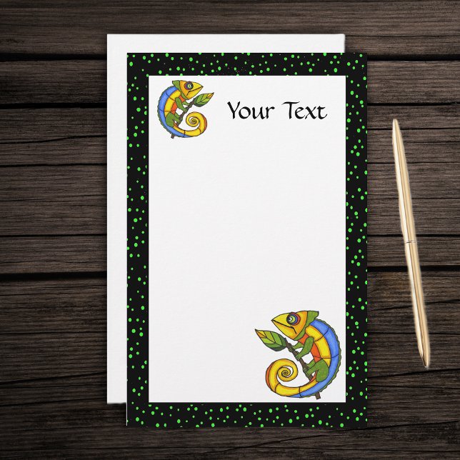 Papelaria Diversão Colorida Lizard em um Ramo (Two cute colourful fantasy lizards green leaves on white with black green dotted border stationery.)